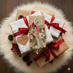 Ein Stapel festlich verpackter Geschenke mit roten Bändern liegt auf einem weißen, flauschigen Teppich; das oberste Geschenk trägt eine verzierte Weihnachtskarte und ein herzförmiges Schild mit der Aufschrift "Für Dich!", umgeben von Tannenzapfen, roten Beeren und einer Fensterbild Kerze mit Adventsmotiv.