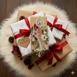 Ein Stapel festlich verpackter Geschenke mit roten Bändern liegt auf einem weißen, flauschigen Teppich; das oberste Geschenk trägt eine verzierte Weihnachtskarte und ein herzförmiges Schild mit der Aufschrift "Für Dich!", umgeben von Tannenzapfen, roten Beeren und einer Fensterbild Kerze mit Adventsmotiv.