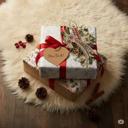 Ein Stapel festlich verpackter Geschenke mit roten Bändern liegt auf einem weißen, flauschigen Teppich; das oberste Geschenk trägt eine verzierte Weihnachtskarte und ein herzförmiges Schild mit der Aufschrift "Für Dich!", umgeben von Tannenzapfen, roten Beeren und einer Fensterbild Kerze mit Adventsmotiv.