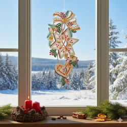 Ein festlich gesticktes Ornament in Plauener Spitze mit Sternen, einem Herz, Grünzeug und einer Schleife hängt als Fensterbild Lebkuchen im Fenster. Draußen ist eine Schneelandschaft zu sehen, auf einem Tisch stehen Kerzen, Tannenzweige und getrocknete Orangenscheiben.