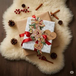 Ein in weißes, gemustertes Papier verpacktes Geschenk mit rotem Band und festlicher Schleife liegt auf einem hellbraunen Schaffellteppich, umgeben von Tannenzapfen, Zimtstangen und roten Beeren - wie eine Szene aus einem gemütlichen, mit Plauener Spitze geschmückten Haus.