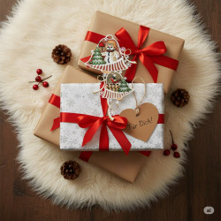 Drei eingepackte Geschenke mit roten Bändern, eines mit einem braunen herzförmigen Anhänger mit der Aufschrift "Für Dich!". Die Geschenke liegen auf einem weißen Fellteppich mit Beeren und Tannenzapfen und bilden ein gemütliches Wintermotiv auf dem Holzboden.