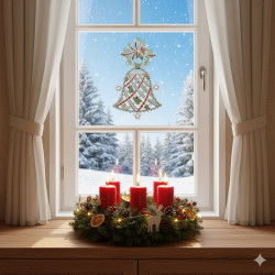 Eine mit einem festlichen Kranz und vier brennenden roten Kerzen geschmückte Fensterbank, dazu Ornamente, Tannenzapfen und eine Christrose. Draußen fällt Schnee auf Tannenbäume, während im Fenster eine Fensterbild-Glocke hängt, eingerahmt von cremefarbenen Vorhängen.