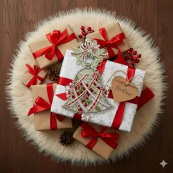 Eine Gruppe eingepackter Geschenke mit roten Bändern ist auf einem runden weißen Teppich angeordnet. Das größte Geschenk trägt ein herzförmiges Schild mit der Aufschrift "Für Dich!" und wird von einem dekorativen Fensterbild aus Plauener Spitze gekrönt. Tannenzapfen und rote Beeren umrahmen die Geschenke.