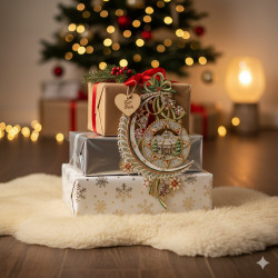 Ein Stapel eingepackter Weihnachtsgeschenke liegt auf einem weißen Teppich vor einem geschmückten Baum mit Lichtern. Das oberste Geschenk, wie ein Schatz der Plauener Spitze, ist mit einem herzförmigen Anhänger und einem festlichen Ornament versehen. Eine Lampe leuchtet sanft neben der Wintermotiv-Dekoration.