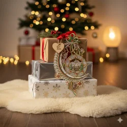 Ein Stapel eingepackter Weihnachtsgeschenke liegt auf einem weißen Teppich vor einem geschmückten Baum mit Lichtern. Das oberste Geschenk, wie ein Schatz der Plauener Spitze, ist mit einem herzförmigen Anhänger und einem festlichen Ornament versehen. Eine Lampe leuchtet sanft neben der Wintermotiv-Dekoration.