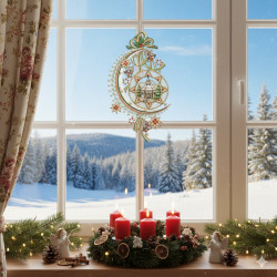 Ein Fenster mit Kranz und Kerzen, das mit einem Plauener Spitze Wintermotiv versehen ist, schafft eine gemütliche Weihnachtsstimmung.