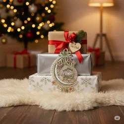 Ein Stapel eingepackter Weihnachtsgeschenke liegt auf einem weißen Teppich vor einem geschmückten Baum mit Lichtern. Das oberste Geschenk, wie ein Schatz der Plauener Spitze, ist mit einem herzförmigen Anhänger und einem festlichen Ornament versehen. Eine Lampe leuchtet sanft neben der Wintermotiv-Dekoration.