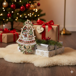 Drei eingepackte Weihnachtsgeschenke liegen auf einem flauschigen Teppich vor einem geschmückten Baum. Ein kunstvoll gesticktes Glockenornament der Plauener Spitze und ein Tannenzweig liegen auf den Geschenken und verleihen der festlichen Szene ein zeitloses Wintermotiv.