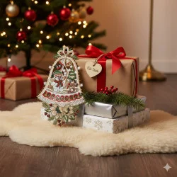 Drei eingepackte Weihnachtsgeschenke liegen auf einem flauschigen Teppich vor einem geschmückten Baum. Ein kunstvoll gesticktes Glockenornament der Plauener Spitze und ein Tannenzweig liegen auf den Geschenken und verleihen der festlichen Szene ein zeitloses Wintermotiv.