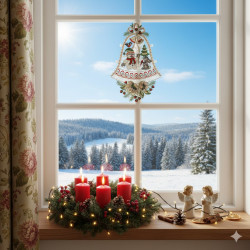 Durch ein mit einem festlichen Kranz, roten Kerzen, Tannenzapfen, zwei Engelsfiguren und einem Plauener Spitze Fensterbild Schneemann geschmücktes Fenster sieht man eine verschneite Landschaft. Schneebedeckte Bäume füllen den winterlichen Motivhintergrund.