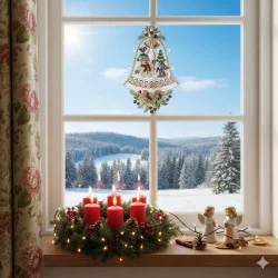 Durch ein mit einem festlichen Kranz, roten Kerzen, Tannenzapfen, zwei Engelsfiguren und einem Plauener Spitze Fensterbild Schneemann geschmücktes Fenster sieht man eine verschneite Landschaft. Schneebedeckte Bäume füllen den winterlichen Motivhintergrund.