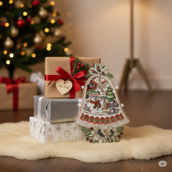 Drei eingepackte Weihnachtsgeschenke liegen auf einem flauschigen Teppich vor einem geschmückten Baum. Ein kunstvoll gesticktes Glockenornament der Plauener Spitze und ein Tannenzweig liegen auf den Geschenken und verleihen der festlichen Szene ein zeitloses Wintermotiv.