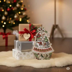 Drei eingepackte Weihnachtsgeschenke liegen auf einem flauschigen Teppich vor einem geschmückten Baum. Ein kunstvoll gesticktes Glockenornament der Plauener Spitze und ein Tannenzweig liegen auf den Geschenken und verleihen der festlichen Szene ein zeitloses Wintermotiv.