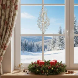 Ein festlicher Kranz mit vier roten Kerzen steht auf einer Fensterbank, umgeben von Tannenzweigen und Beeren. Draußen bedeckt Schnee Hügel und Bäume, während ein Plauener Spitze Fensterbild Lichterglanz Ornament zart am Glas hängt.