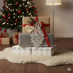 Drei eingepackte Weihnachtsgeschenke, gestapelt auf einem flauschigen Teppich, verziert mit Lichterglanz und einem Schild mit der Aufschrift "Für Dich", mit einem leuchtenden Weihnachtsbaum und weiteren Geschenken im Hintergrund - eine festliche Szene voller Wärme und Glanz.