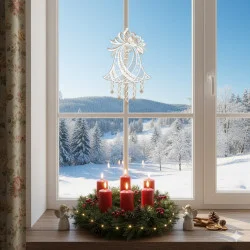Ein festlicher Kranz mit vier roten Kerzen und kleinen Engelsfiguren steht auf einer Fensterbank, umrahmt von einer verschneiten Landschaft draußen. Eine zarte Plauener Spitze Fensterbild Glockenspiel hängt im Fenster und unterstreicht das festliche Motiv.