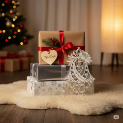 Drei weiß-goldene Weihnachtsgeschenke, die auf einem weichen weißen Teppich gestapelt sind, mit einem herzförmigen Anhänger mit der Aufschrift "Für Dich", einem Spitzenornament aus Plauener Spitze und einem geschmückten Weihnachtsbaum mit Lichtern im verschwommenen Hintergrund.