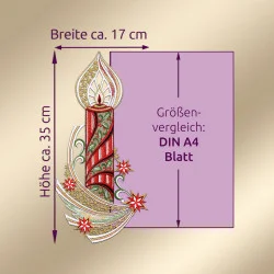 Abbildung einer Plauener Spitze Kerze mit Sternen, dargestellt neben einem lila Rechteck mit der Aufschrift "Größenvergleich: DIN A4 Blatt". Dieses festliche Fensterbild ist mit 35 cm Höhe und 17 cm Breite gekennzeichnet.