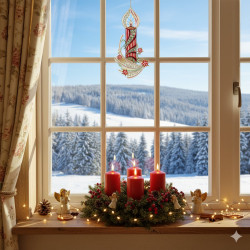 Ein festliches Fensterbild: Eine Fensterbank mit vier roten Kerzen in einem Tannenkranz, kleinen Engelsfiguren, Plauener Spitze und Lichterketten geschmückt. Draußen glitzern verschneite Tannenbäume in der strahlenden Sonne.