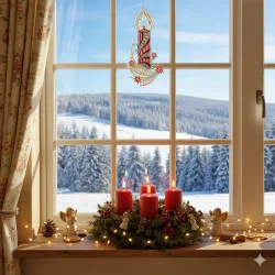 Ein festliches Fensterbild: Eine Fensterbank mit vier roten Kerzen in einem Tannenkranz, kleinen Engelsfiguren, Plauener Spitze und Lichterketten geschmückt. Draußen glitzern verschneite Tannenbäume in der strahlenden Sonne.