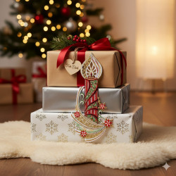 Eine gemütliche Weihnachtsszene mit eingepackten Geschenken und einer dekorativen Plauener Spitze als Kerzenschmuck auf einem flauschigen Teppich, vor einem geschmückten Weihnachtsbaum und einer beleuchteten Stehlampe, ergänzt durch ein festliches Fensterbild im warm beleuchteten Raum.