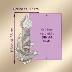 Abbildung einer Plauener Spitze Kerze mit Sternen, dargestellt neben einem lila Rechteck mit der Aufschrift "Größenvergleich: DIN A4 Blatt". Dieses festliche Fensterbild ist mit 35 cm Höhe und 17 cm Breite gekennzeichnet.