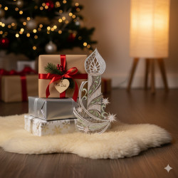 Eine gemütliche Weihnachtsszene mit eingepackten Geschenken und einer dekorativen Plauener Spitze als Kerzenschmuck auf einem flauschigen Teppich, vor einem geschmückten Weihnachtsbaum und einer beleuchteten Stehlampe, ergänzt durch ein festliches Fensterbild im warm beleuchteten Raum.