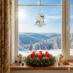 Ein festlicher Kranz mit vier roten Kerzen und Tannenzapfen steht auf einer Fensterbank, umrahmt von floralen Vorhängen. Darüber hängt eine Plauener Spitze Fensterbild Glocke, die der verschneiten Waldszene unter sonnig-blauem Himmel zarten Winterdeko-Charme verleiht.