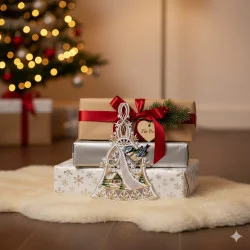 Drei eingepackte Weihnachtsgeschenke auf einem weißen, flauschigen Teppich vor einem geschmückten Weihnachtsbaum gestapelt. Das oberste Geschenk ist mit einer roten Schleife, einem Tannenzweig, einem Herzanhänger und einem Plauener Spitze Fensterbild Glocke mit Vögelchen als charmante Winterdekoration versehen.