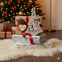 Drei eingepackte Weihnachtsgeschenke auf einem weißen, flauschigen Teppich vor einem geschmückten Weihnachtsbaum gestapelt. Das oberste Geschenk ist mit einer roten Schleife, einem Tannenzweig, einem Herzanhänger und einem Plauener Spitze Fensterbild Glocke mit Vögelchen als charmante Winterdekoration versehen.