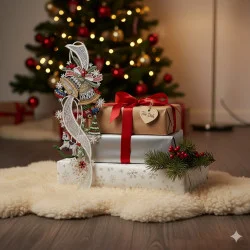 Drei eingepackte Weihnachtsgeschenke mit Schleifen und einem "Für Dich"-Anhänger liegen auf einem flauschigen Teppich. Im Hintergrund funkelt ein festlicher Baum, während eine kunstvolle Plauener Spitze und ein immergrüner Zweig die Geschenke hervorheben.