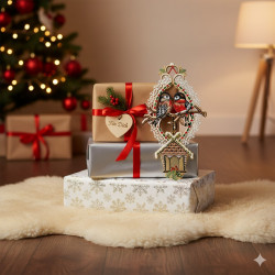 Drei eingepackte Weihnachtsgeschenke und ein dekoratives Ornament liegen auf einem weißen Teppich, mit einem geschmückten Baum und weiteren Geschenken im Hintergrund. Ein charmantes Plauener Spitze Fensterbild verleiht dieser festlichen Adventszeit-Szene zusätzliche Wärme.