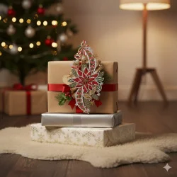 Drei eingepackte Geschenke, die auf einem flauschigen Teppich gestapelt sind, mit einem geschmückten Weihnachtsbaum, einer leuchtenden Stehlampe und einem bezaubernden Fensterbild Weihnachtsstern in zarter Plauener Spitze, die die festliche Winterdeko im Hintergrund ergänzen. Das oberste Geschenk ist mit einem rot-goldenen Ornament verziert.