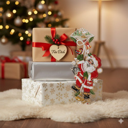 Zwei eingepackte Weihnachtsgeschenke liegen auf einem flauschigen Teppich, an dem ein Herzanhänger mit der Aufschrift "Für Dich" hängt. Ein Fensterbild Weihnachtsmann und Katze schmückt die Geschenke, während ein leuchtender Weihnachtsbaum das festliche Weihnachtsmotiv sanft unterstreicht.