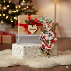 Zwei eingepackte Weihnachtsgeschenke liegen auf einem flauschigen Teppich, an dem ein Herzanhänger mit der Aufschrift "Für Dich" hängt. Ein Fensterbild Weihnachtsmann und Katze schmückt die Geschenke, während ein leuchtender Weihnachtsbaum das festliche Weihnachtsmotiv sanft unterstreicht.