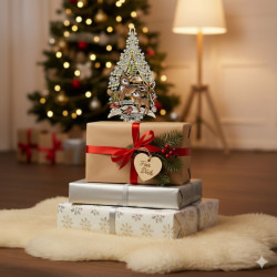 Drei eingepackte Weihnachtsgeschenke, die auf einem weißen Teppich gestapelt sind, gekrönt von einem festlichen Fensterbild mit einem Hirsch. Ein geschmückter Weihnachtsbaum und ein gemütliches Zimmer bilden die Kulisse, akzentuiert durch ein Plauener Spitze Fensterbild mit einem bezaubernden Wintermotiv im Hintergrund.