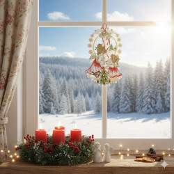 Eine gemütliche, für die Weihnachtszeit geschmückte Fensterbank zeigt einen festlichen Kranz, vier rote Kerzen und zwei Engelsfiguren. Ein Fensterbild Engelchen aus Plauener Spitze hängt im Fenster und rahmt die Schneelandschaft draußen ein.