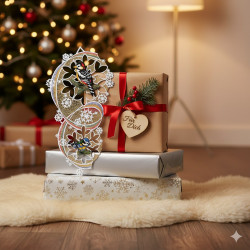 Drei eingepackte Weihnachtsgeschenke liegen auf einem weißen Teppich vor einem geschmückten Baum, der mit Winterflair verziert ist. Auf einem herzförmigen Anhänger steht "Für Dich" und kleine festliche Dekorationen, während kunstvolle Ornamente, darunter eine Plauener Spitze, auf den Geschenken ruhen.