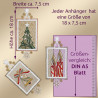 Drei glitzernde Weihnachtsornamente - Baum, Kerzen und Glocken - sind jeweils 18 cm hoch und 7,5 cm breit und werden zur Größenbestimmung neben einem A5-Blatt gezeigt. Perfekt als Weihnachtsdeko oder Fensterbilder Adventszeit, mit deutschem Text zur Erläuterung der Maße.