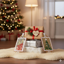 Drei eingepackte Geschenke und zwei bestickte Fensterbilder mit eleganter Lurex-Stickerei liegen auf einem weißen Teppich in einem gemütlichen Raum mit einem beleuchteten Weihnachtsbaum, warmen Lichtern und einer Stehlampe im Hintergrund.