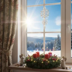 Eine sonnenbeschienene Schneelandschaft ist durch ein Fenster zu sehen, das mit einem Plauener Spitze Fensterbild Schneeflocke geschmückt ist. Auf der Fensterbank sorgt ein Weihnachtskranz mit vier roten Kerzen, Lichterketten und zwei Engelsfiguren für gemütliches Winterflair.