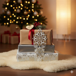 Drei eingepackte Weihnachtsgeschenke liegen auf einem flauschigen Teppich neben einem leuchtenden Weihnachtsbaum, der mit Winterflair und Plauener Spitze geschmückt ist. Ein "Für Dich"-Anhänger krönt die gemütliche, festliche Szene, die perfekt für die Weihnachtszeit ist.