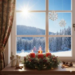 Durch ein mit Winterflair-Fensterbildern geschmücktes Fenster sieht man eine sonnenbeschienene Schneelandschaft. Auf der Fensterbank sorgt ein Kranz mit vier brennenden roten Kerzen, Tannenzapfen und Engelsfiguren für eine weihnachtliche Stimmung.