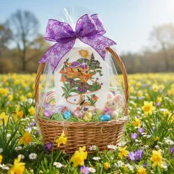 Ein Weidenkorb steht auf einer Wiese mit gelben und weißen Blumen. Der Korb ist mit bunten Ostereiern, Schokolade, einem Plüschhasen und einem verzierten Keks gefüllt, die alle in Zellophan eingewickelt und mit einer großen lila Schleife verziert sind. Im Hintergrund sind Bäume und der Himmel zu sehen.