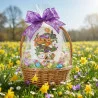 Ein Weidenkorb steht auf einer Wiese mit gelben und weißen Blumen. Der Korb ist mit bunten Ostereiern, Schokolade, einem Plüschhasen und einem verzierten Keks gefüllt, die alle in Zellophan eingewickelt und mit einer großen lila Schleife verziert sind. Im Hintergrund sind Bäume und der Himmel zu sehen.