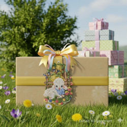 Verschönern Sie Ihre Frühlingsdekoration mit dieser bezaubernden hellbraunen Geschenkbox, die mit einem gelben Band verziert ist und das "Fensterbild Schäfchen & Blaumeisen" (Vogtländische Spitze, weiß & bunt, 31x21 cm) zeigt. Eingebettet in Wildblumen, zwischen pastellfarbenen Geschenken, ist