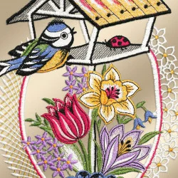 Das Fensterbild Frühlingsgezwitscher Plauener Spitze zeigt einen gestickten Vogel auf einem Futterhäuschen, in dessen Nähe ein roter Marienkäfer sitzt. Darunter befinden sich gestickte Darstellungen einer gelben Narzisse, einer rosa Tulpe und eines violetten Krokus zwischen grünen Blättern