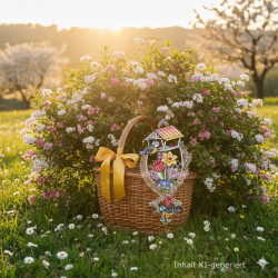 Ein Weidenkorb mit einem gelben Band ruht auf grünem Gras zwischen weißen Gänseblümchen und enthält das "Fensterbild Frühlingsgezwitscher Plauener Spitze", eine mehrfarbige Ziereule. Der Korb steht vor einem rosa und weiß blühenden Busch bei Sonnenuntergang.