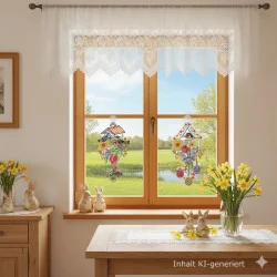 In einem Zimmer stehen helle Holzmöbel, Vasen mit gelben Narzissen und ein "Fensterbild Frühlingsgezwitscher aus vogtländischer Spitze" mit Blaumeisen und Frühlingsblumen an einem Fenster mit weißen Spitzenvorhängen und Osterdekoration. Draußen sind grüne Felder zu sehen.